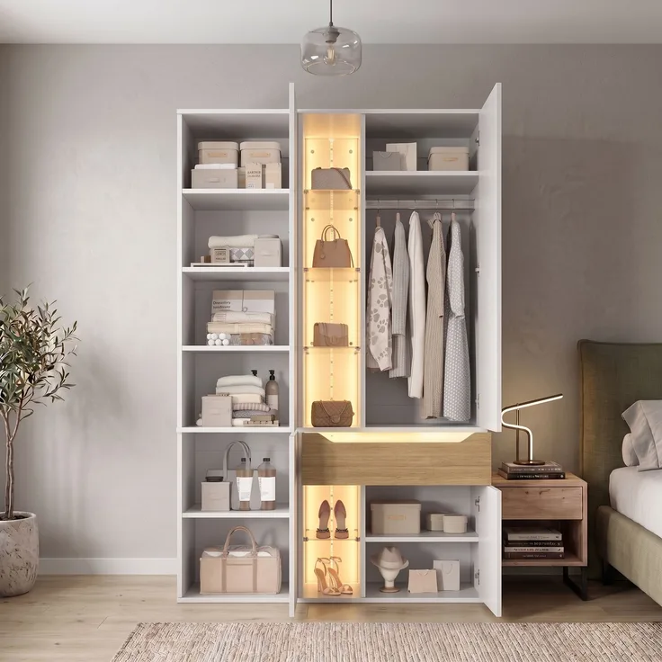 Kleiderschrank 122 x 50 x 200 cm aus MDF mit Glasvitrine und LED-Beleuchtung