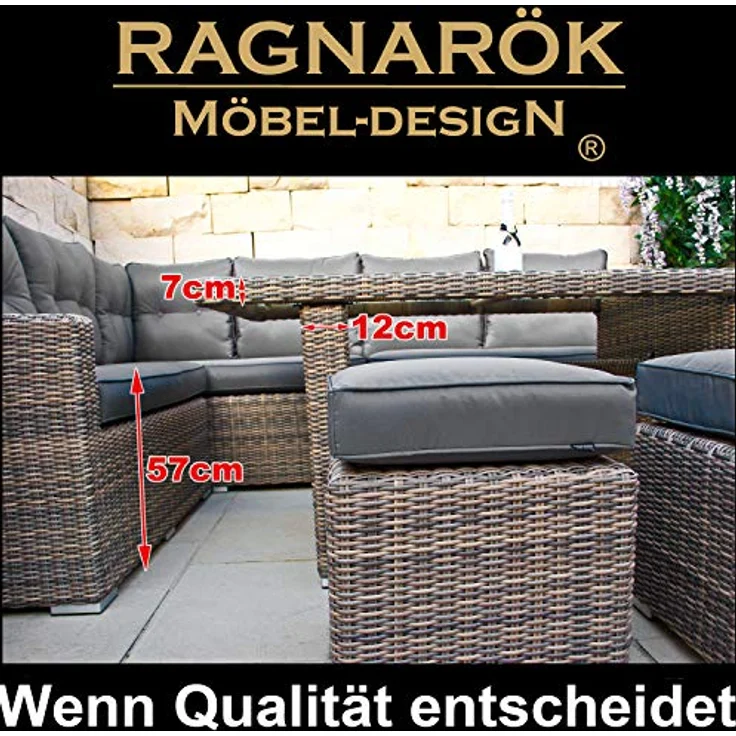 Ragnarök Möbel-Design Gartenlounge-Set Dining Lounge Wieland L, (Set, Ecksofa + Tisch + Hocker, Polyrattan, inkl. aller Polster), Rostfrei, mit Staufächern, 10 Jahre Garantie, wird montiert geliefert – Bild 10