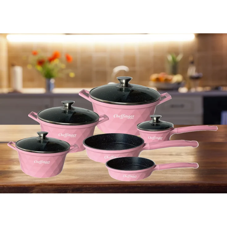 12-tlg. Kochtopf-Set mit Marmorbeschichtung – Für alle Herdarten inkl. Induktion Pink – Bild 4