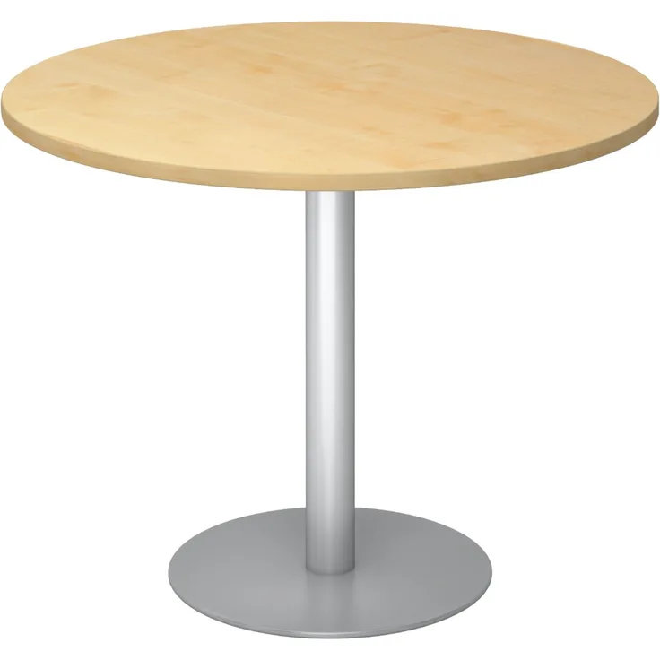 bümö Besprechungstisch, Esstisch klein, Tisch rund 100 cm - kleiner Esstisch Ahorn, Rundtisch Esstisch 2 Personen mit Holz-Platte, Säule aus Metall in silber, Konferenztisch, Bistrotisch, STF10-3-S