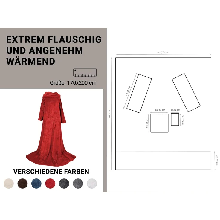 ZOLLNER Kuscheldecke mit Ärmeln, 170x200 cm, rot (weinrot) – Bild 3