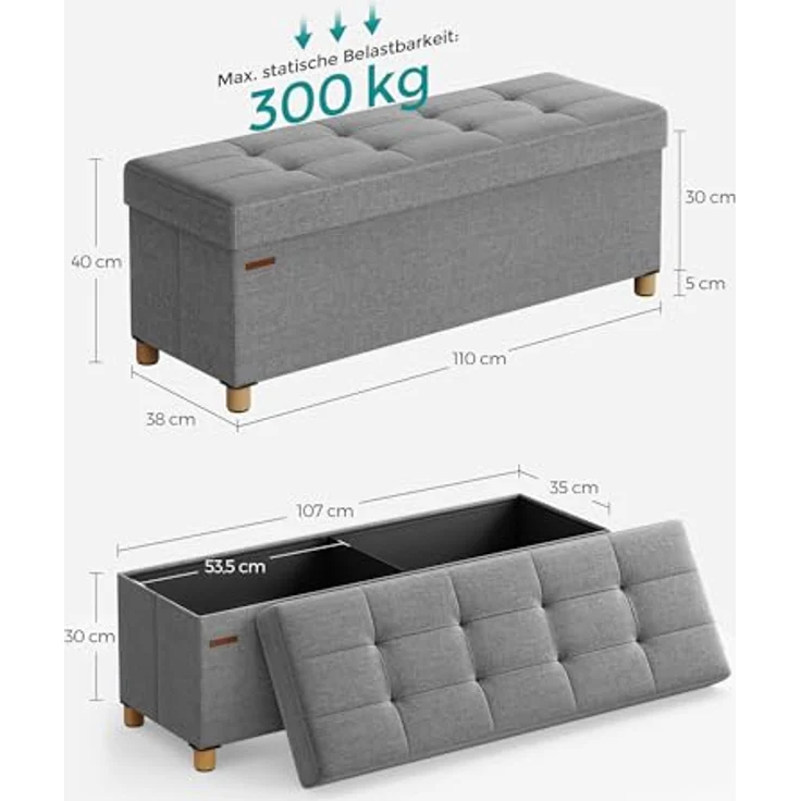 Songmics Sitzbank mit Stauraum, Schuhbank, klappbare Sitztruhe, Aufbewahrungsbox, Fußbank, 38 x 110 x 40 cm, für Wohnzimmer, Schlafzimmer, Aschgrau – Bild 3