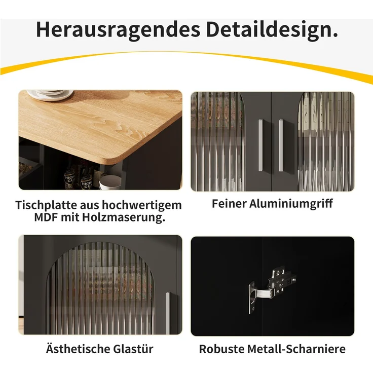 Merax Kücheninsel,Modernes Küchensiland, Küchenschrank, Abnehmbare Servierwagen buffetschrank, Speisewagen mit Holzmaserung, buffetschrank, Multifunktionale Esstisch mit Speicherraum, Schwarz – Bild 6