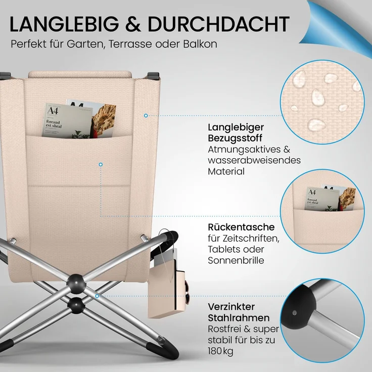 ELONEO Gartenliege Schaukelliege Outdoor mit Tasche, Strandliege klappbar bis 180 kg, Schaukelsessel, Liegestuhl wetterfest, Sonnenliege für Garten & Balkon – Bild 5