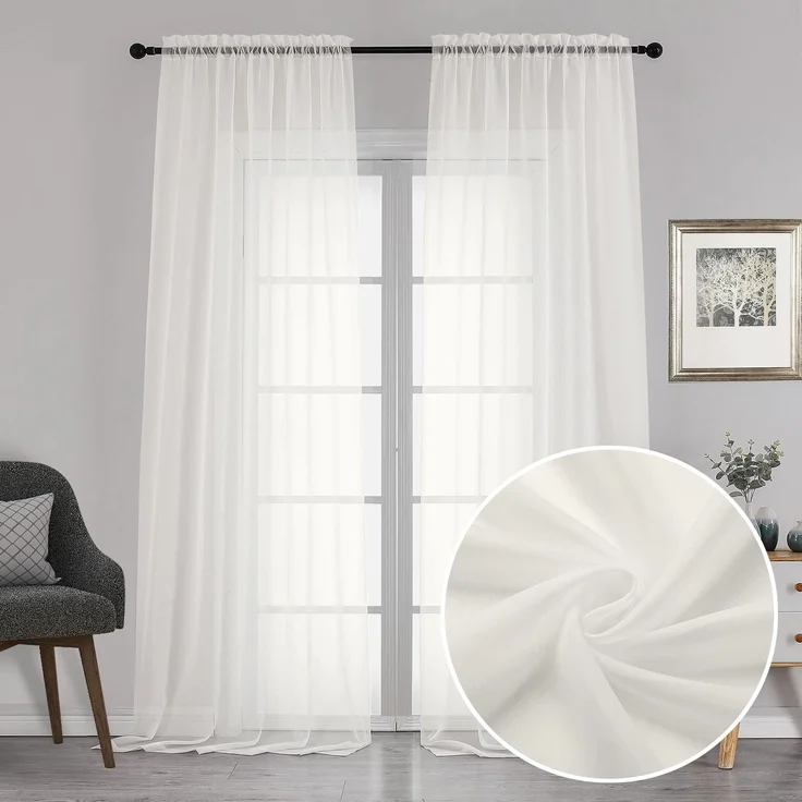 Chyhomenyc Durchsichtige Vorhänge, extra lang, mit Stangentaschen, weiche Voile-Textur, Fenstervorhänge, leicht und luftig, Paneele für Wohnzimmer/Schlafzimmer, je 106x308 cm, Elfenbeinfarben, 2
