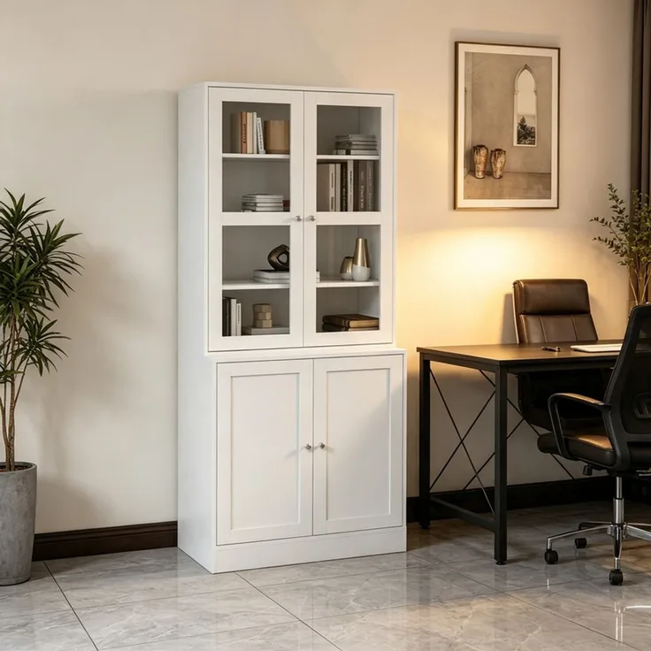 ZUBALIYA 178,5 cm hoher Aktenschrank mit Glastüren und 6 Fächern, geeignet für Arbeitszimmer oder Büro, weiß