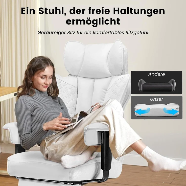 COMHOMA Gaming Stuhl, ergonomischer Bürostuhl, Schreibtischstuhl mit verstellbare Armlehnen, Taschenfederkern-Lendenwirbelstütze für große und hohe Personen, 180 kg, breiter Sitzfläche, weiß – Bild 5