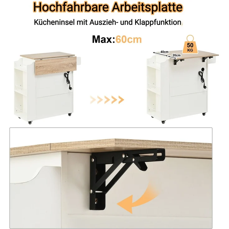Kücheninsel 66x40(60)x90 cm mit Klapp-Arbeitsplatte, Schublade und Rollen – weißes MDF – Bild 5