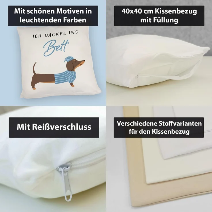 speecheese Dekokissen Dackel mit Pyjama Kissen mit Spruch Ich dackel ins Bett – Bild 4