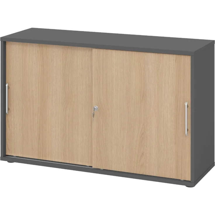 bümö Schiebetürenschrank 2OH - Aktenschrank abschließbar, Sideboard Schrank mit Schiebetüren in Graphit/Eiche, Relinggriff - Büroschrank aus Holz mit Schiebetür, Büro Kommode für Ordner & Co, 1752S-G-E-RE