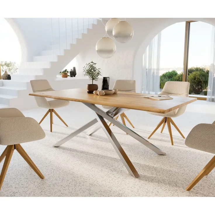 Esstisch Edge 200x100x2,5-3 Eiche Natur Kreuzgestell Rechteck Edelstahl Live-Edge