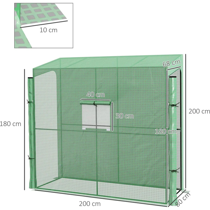 Wohnora-Anlehngewächshaus für Tomaten mit zwei aufrollbaren Reißverschlusstüren und einem Fenster Maße: 200 cm (L) x 80 cm (B) x 200/180 cm (H),H 2000cm x T 1010cm x B 800cm,Grün – Bild 4