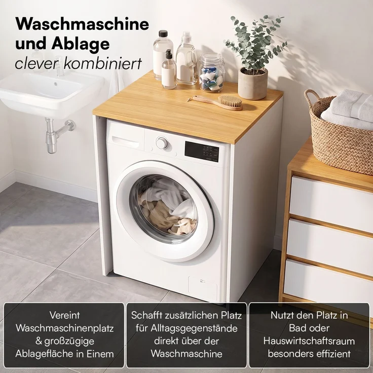 Bellamio 'Vist' Waschmaschine/Trockner Schrank mit Ablage, Weiß/Eichenoptik, Waschmaschinenschrank mit Wandanschluss für Standardgeräte, Badschrank für Hauswirtschaftsraum – Bild 2