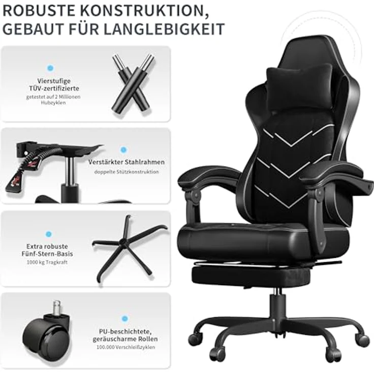 JUMMICO Gaming Stuhl Stoff Ergonomisch für Langzeitkomfort, Bürostuhl mit Fußstütze & Dynamischer Lordosenstütze, Atmungsaktiver Schreibtischstuhl für Gaming & Homeoffice, 150kg, Schwarz – Bild 8