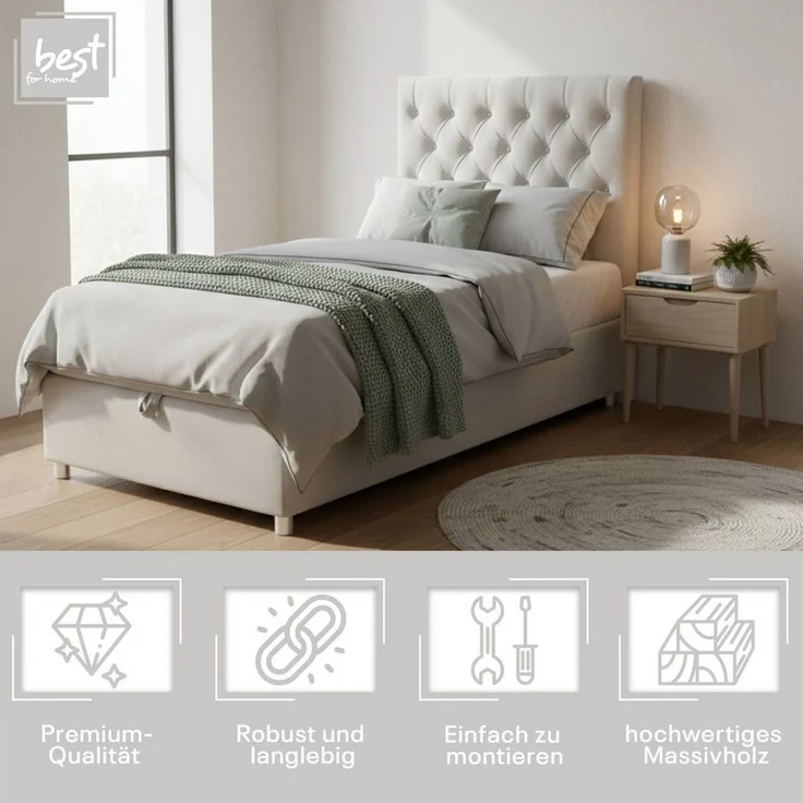 Best for Home Boxspringbett mit Bettkasten K-14 SINGLE Bonell-Matratze inkl. Komfort Topper (Einzelbett, Polsterbett gepolstertes Kopfteil, Jugendbett, Kinderbett, 70x200 80x200 90x200 100x200 cm), Handwerksqualität, TOP Preis-Leistungs-Verhältnis – Bild 1