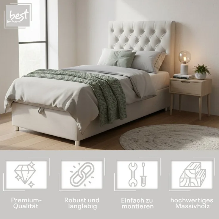 Best for Home Boxspringbett mit Bettkasten K-14 SINGLE Bonell-Matratze inkl. Komfort Topper (Einzelbett, Polsterbett gepolstertes Kopfteil, Jugendbett, Kinderbett, 70x200 80x200 90x200 100x200 cm), Handwerksqualität, TOP Preis-Leistungs-Verhältnis