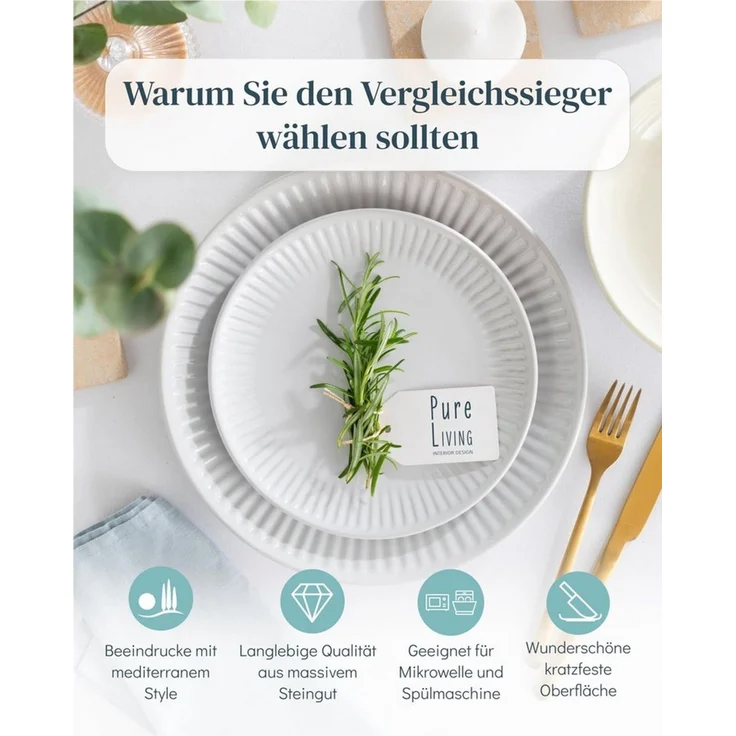Steingut Geschirrset 6 Personen Hygge 24 tlg. TESTSIEGER, Traumhaftes Skandinavisches Steingut Geschirr Set, Schüssel- und Teller Set, Tafelservice 6 Personen, Geschirrsets Pure Living in Hellgrau