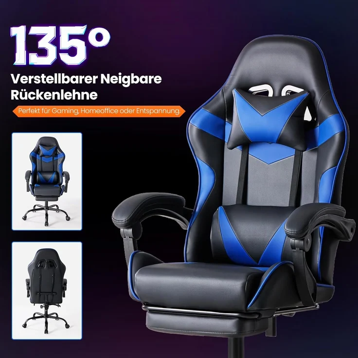 Sweetcrispy Gaming Stuhl, Gaming Chair mit Fußstütze Kopfstütze Lendenwirbelstütze, Ergonomischer PC Stuhl, Höhenverstellbarer Bürostuhl Computerstuhl, Gamer Stuhl, Drehbarer Schreibtischstuhl, Blau – Bild 5