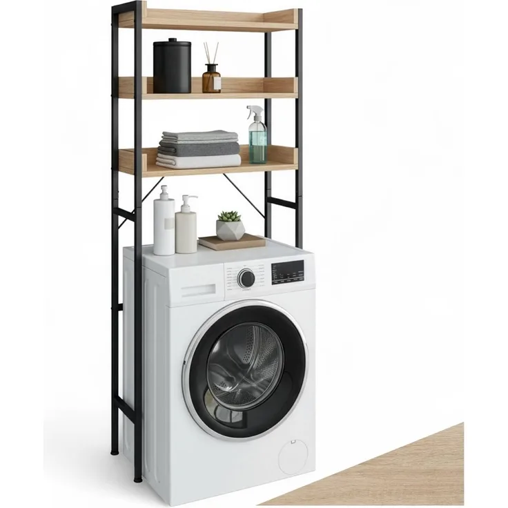 tectake Badezimmerregal mit 3 Ablagen, Badregal, Waschmaschinenregal, Industrial Design, Überbauschrank, Regal für Waschmaschine, Toilettenregal, 67 x 25 x 165 cm - Industrial Holz hell, Eiche Sonoma