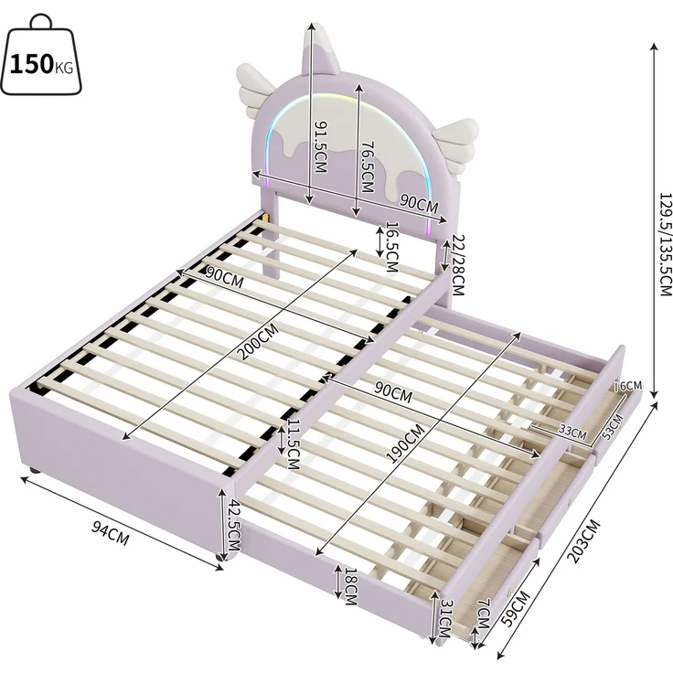 ViolettKinderbett 90x200 cm in Einhornform mit ausziehbarem Rollbett und Schubladen,Cartoon Bett violett,süßes Einhornbett mit stabilem Rahmen – Bild 6