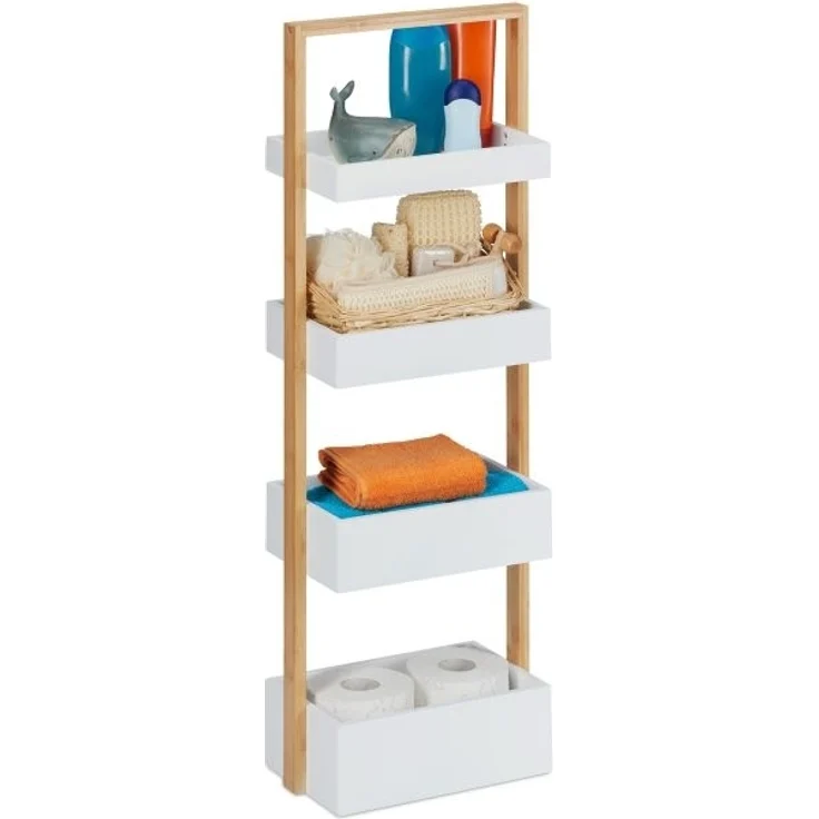 Relaxdays Badregal mit 4 Ablagen, Bambus weiß / natur, 30 x 18 x 88 cm – Bild 1