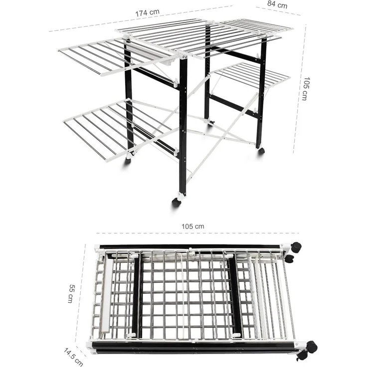 Todeco - Klappbarer Kleiderbügel, Klappbarer Wäscheständer - Material: Edelstahl - Größe der großen klappbaren Seitengitter: 49,0 x 43,2 cm (x 4 Teile) - 174 x 105 x 84 cm, Schwarz/Weiß – Bild 7