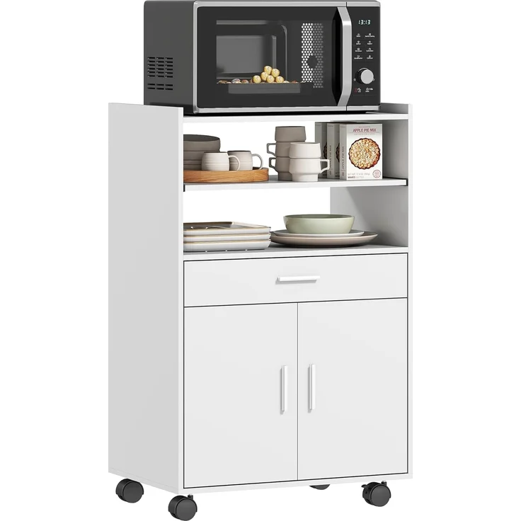 HOMCOM Küchenbuffet Doppeltürschrank (Küchenschrank, 1-St, mit Schubladen, Rollen) für Küche, Esszimmer, Weiß – Bild 1