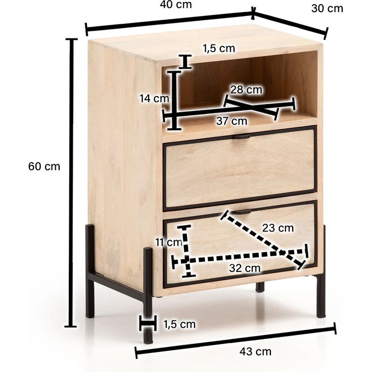 FineBuy Nachttisch aus Mango Whitewash Massivholz mit Ablage & 2 Schubladen – Nachtkonsole im Industrial Natur Design für Boxspringbetten, Nachtschrank mit Stauraum – Nachtkästchen 43x60x30 cm – Bild 3