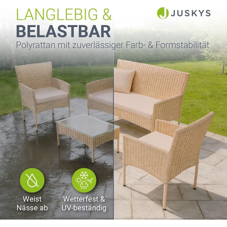 Juskys Polyrattan Gartenmöbel-Set Fort Myers creme – Sitzgruppe mit Tisch, Sofa & 2 Stühlen - Balkonmöbel für 4 Personen mit sandfarbigen Auflagen – Bild 3