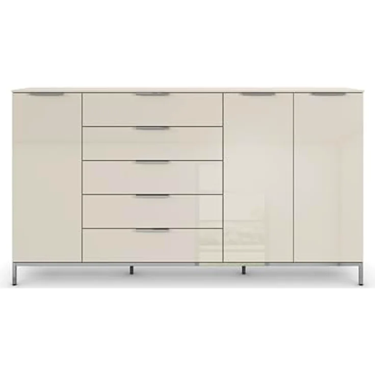 Rauch Möbel Flipp, Nachttisch für Schlafzimmer, Kinderzimmer, Wohnzimmer, Flur, Garderobe, 3-türig, 5 Schubladen, mit Softclose-Funktion, Griffe und Metallkufe Chrom, Farbe Glas Beige, Breite 199 cm – Bild 6