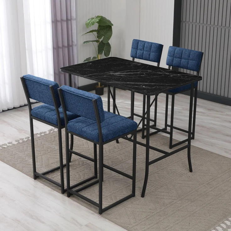 Skye Decor 'Retro - Navy Blue, Black' Bartisch-Set mit Barhockern (5-teilig), Marineblau / Schwarz, 110 x 92 x 70 cm – Bild 1