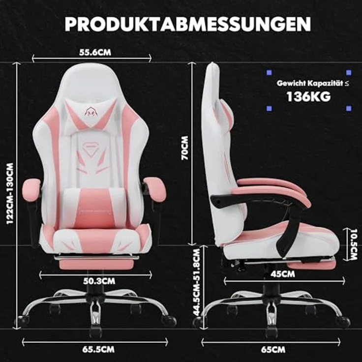 COLAMY Gaming Stuhl, Computer Stuhl mit Fußstütze und Lendenwirbelstütze, höhenverstellbarer Gaming Chair mit 360°-Drehsitz und Kopfstütze, Video Gamer PC Stuhl, Ergonomische hohe Rückenlehne, Rosa – Bild 4
