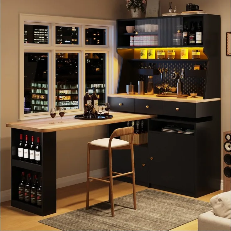 Flieks Buffet Küchenschrank Küchenbuffet mit 360° drehbar Esstisch (Buffetmaße: 119,2x44,8x177,7 cm, Tischplattemaße: 137x59 cm, 2-St, mit Acryl-Schiebetür und Schubladen) Hochschrank mit LED-Beleuchtung & Stecktafel, Arbeitstisch mit Ablagen