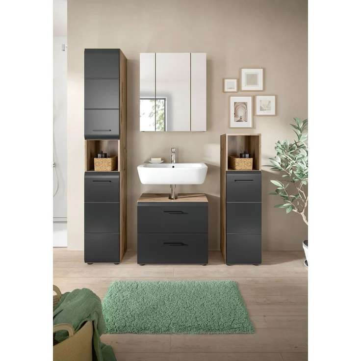Badkombination (B/H/T: 150x185x30 cm) in schwarz matt und Nox Oak Nachbildung – Bild 5