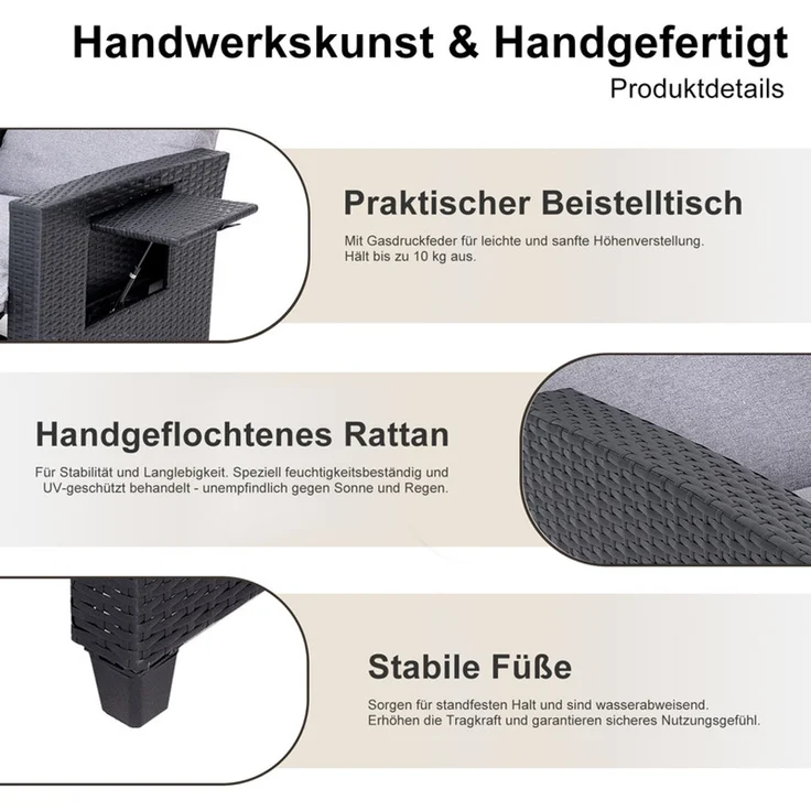 HOMAVO Gartensessel Rattansessel mit verstellbarer Rückenlehne, praktischem Ablagetisch, Maximale Belastung 200 kg, Legierung Stahlrahmen, wetterfest, mit Fußstütze, automatische Verstellung – Bild 6