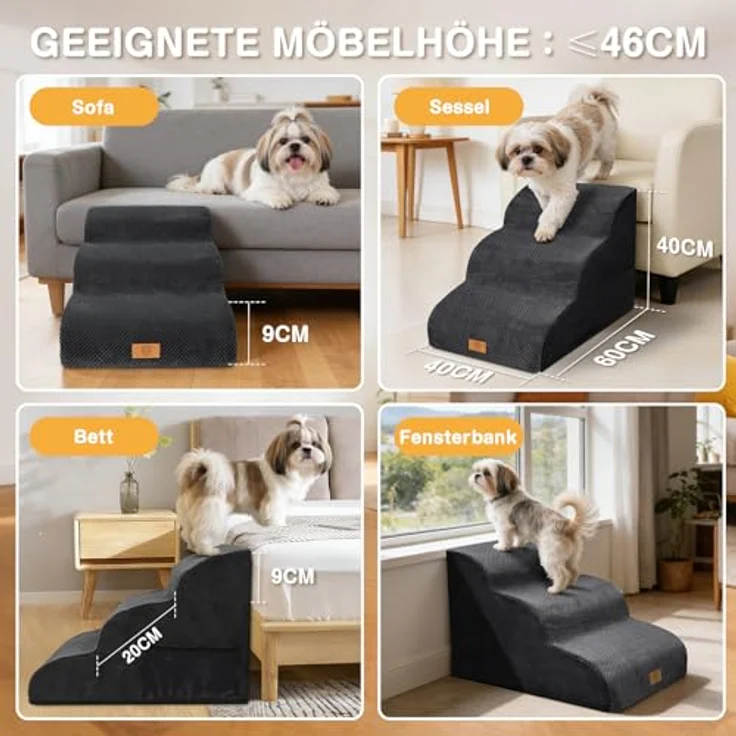 ZNM Hundetreppe – 3-stufige, wasserdichte Haustiertreppe für kleine Hunde, mit waschbarem Bezug und Reißverschluss, rutschfester Schwamm-Rampe, tragbar, auch als Katzentreppe nutzbar – Bild 9