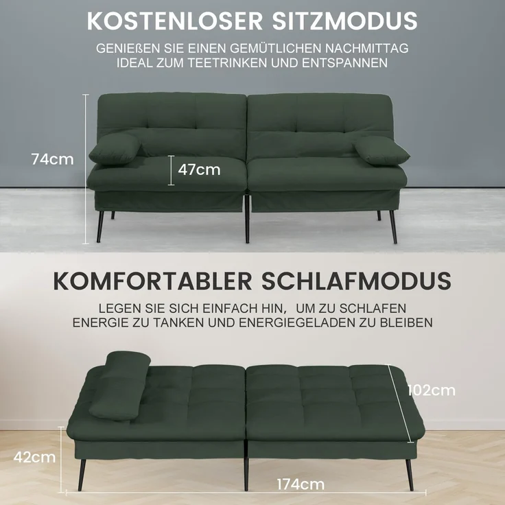 COMHOMA Sofa Schlafsofa mit Schlaffunktion, überzug Futon Klappsofa, Bettcouch, ecksofa, Couch Gästebett, 3-Sitzer Sofa, mit verstellbare Rückenlehne aus Stoff Grün – Bild 3