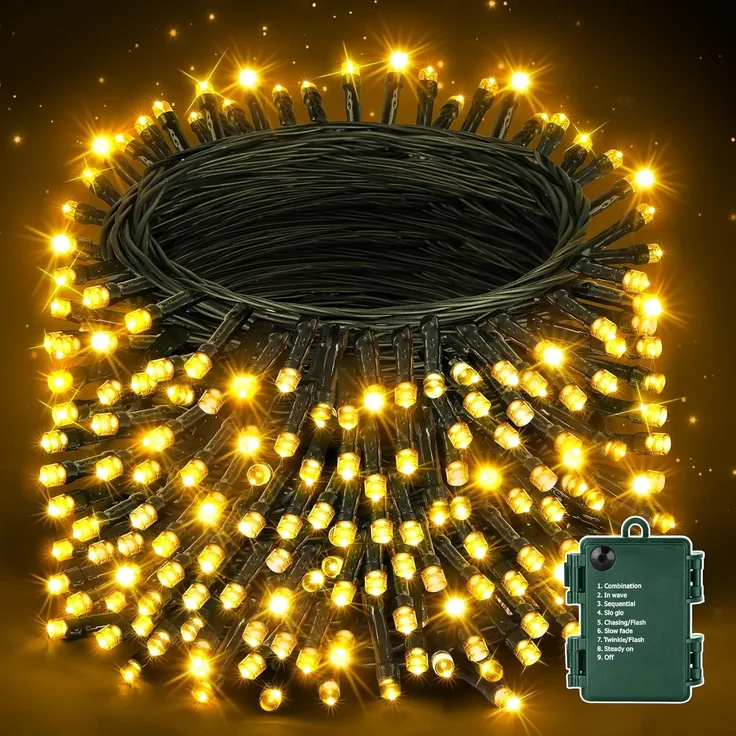 Auriostar Lichterkette Außen Batterie Outdoor – 20M 200 LED Lichterkette Weihnachtsbaum mit 8 Modi Timer, IP44 Wasserdichte Lichterketten Batterie Warmweiß für Innen Garten Balkon Schlafzimmer Camping
