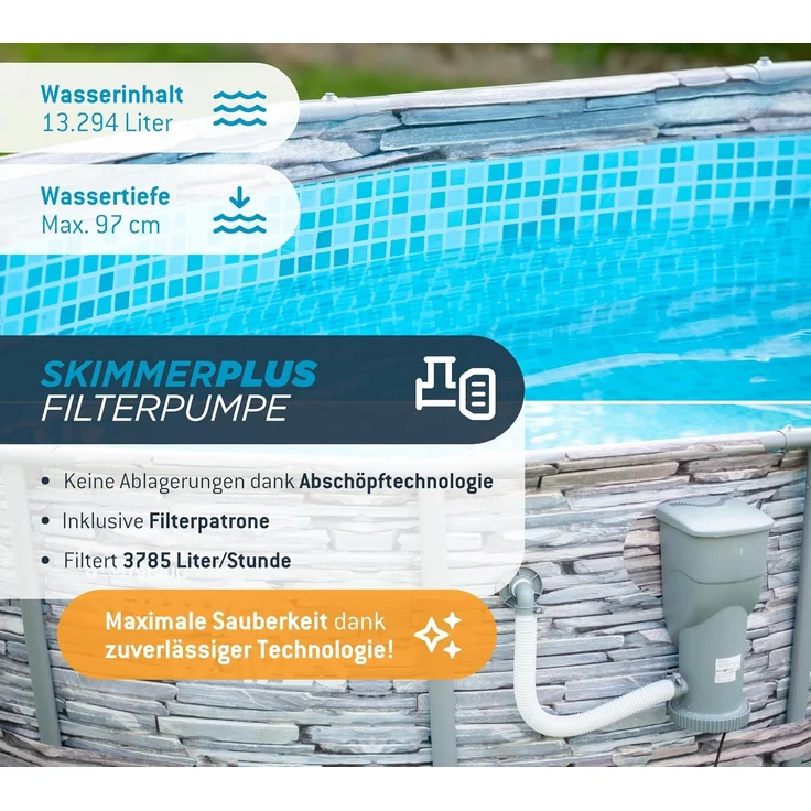 Summer Waves 'Elite' Frame Pool, Komplettset mit exklusivem Zubehör, Steinoptik mit Mosaikmuster, Ø 427x107 cm – Bild 14