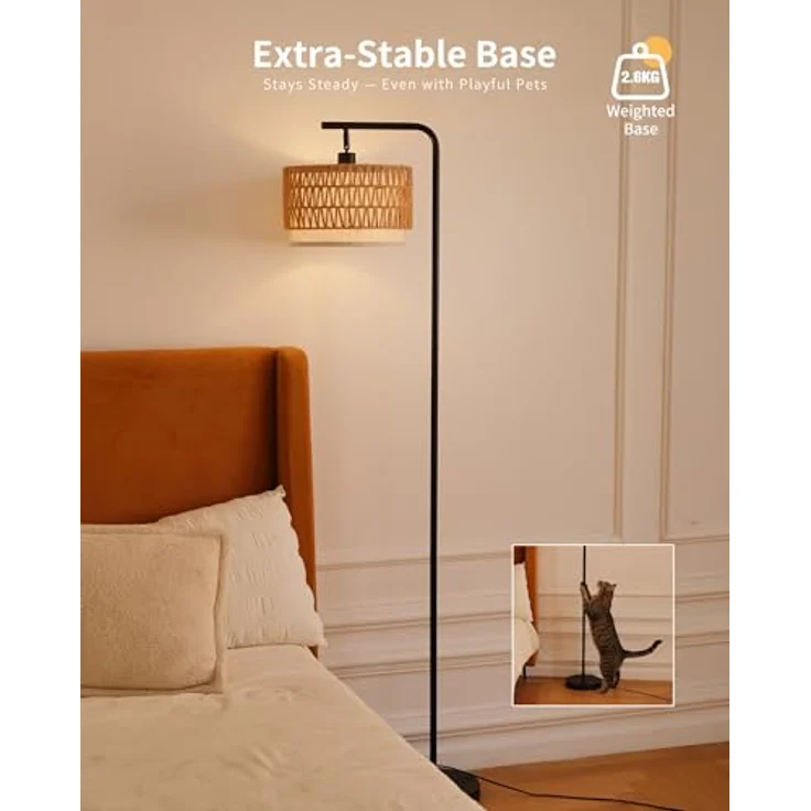 LuminexDesigns Rattan Stehlampe Boho für Wohnzimmer, Vintage Rustic E27 Stehleuchte Schlafzimmer mit Doppel-Lampenschirm, 173 cm Hoch, Schwarz, Schwer Standfuß, Verstellbarer Lampenkopf, Fußschalter – Bild 3