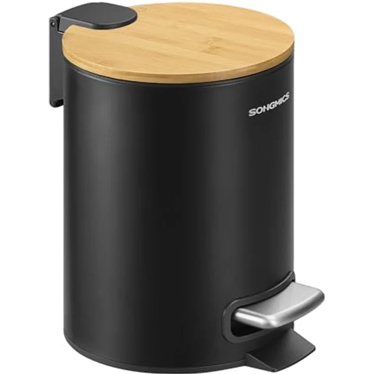 SONGMICS Kosmetikeimer, Mülleimer Bad, mit Deckel aus Bambus, Tretmülleimer mit Metallpedal, Inneneimer herausnehmbar, Softclose, für Badezimmer, 3 Liter, tintenschwarz LTB113BZ01 – Bild 2