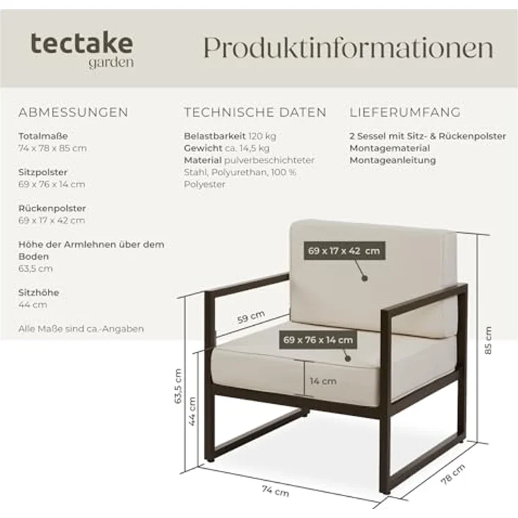 tectake Gartenstuhl Garten-Loungesessel (Komplettset, 2 St), Dicke des Sitzpolsters 14 cm – Bild 3