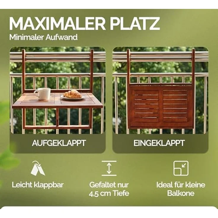 Casaria Balkontisch Balkonhängetisch Balkon Tisch klappbar Akazie Holz – Bild 6