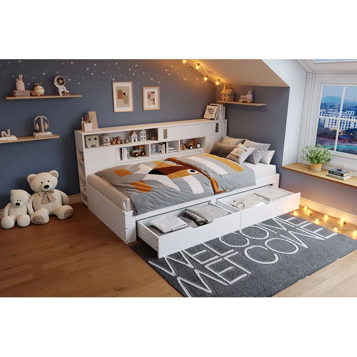 Multifunktionales Daybed mit Schubladen, Schrank, Regalen und Stauraum, 204,5 x 119,5 x 85 cm, Weiß, ohne Matratze – Bild 4