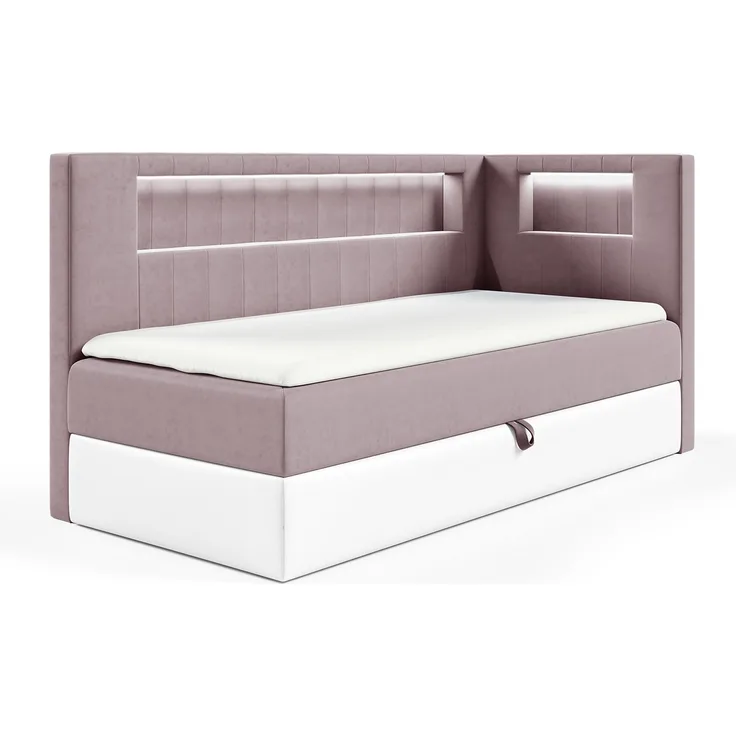 MEBLINI Kinderbett mit Bettkasten GARETH 3 90x200 Rechts – H3/Lila Samt Gepolstert Einzelbett mit Matratze - Polsterbett mit Stauraum - Bett mit Kopfteil – Stauraumbett