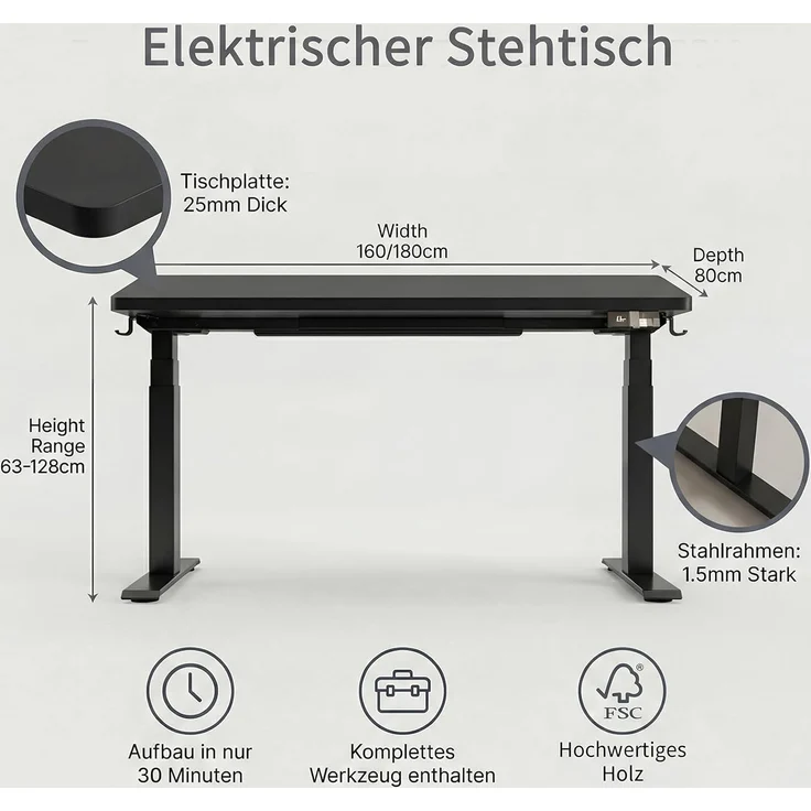 Devoko Höhenverstellbarer Schreibtisch 160x80 cm elektrisch, Höhenverstellung 63-128 cm mit Smart Control, 125 kg Tragkraft, für gesundes Arbeiten – Bild 8