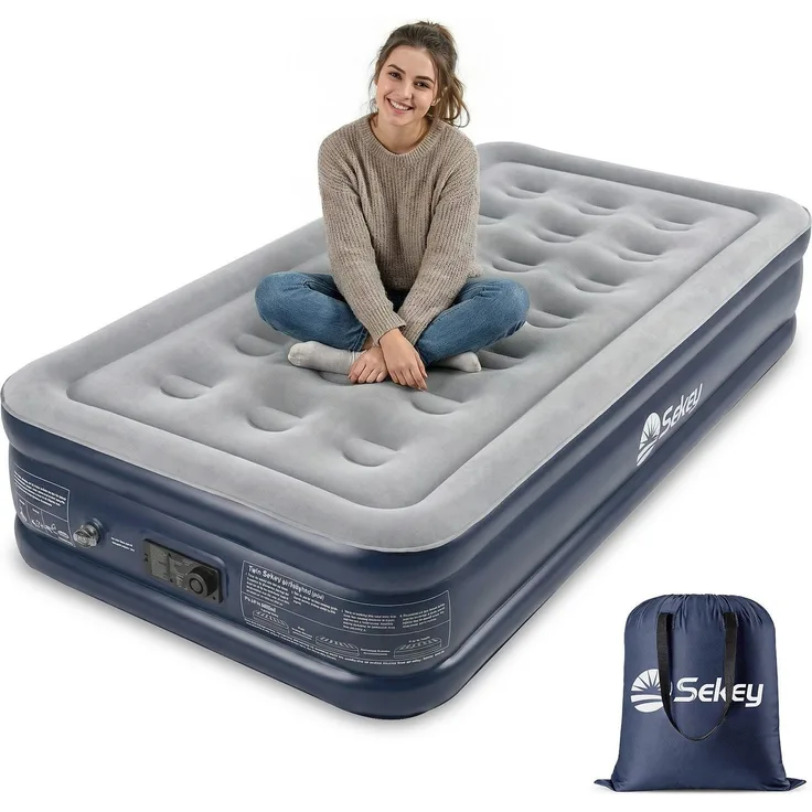 Sekey Luftbett mit integrierter Luftpumpe, Luftmatratze selbstaufblasend Camping, 203 x 102 x 40 cm, blau / grau