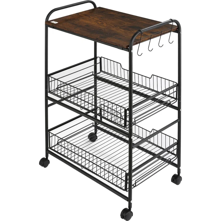 MELAYR, Hilfswagen mit 3 ebenen Rädern, Küchenwagen mit 2 Körben und 4 Haken, 60 x 38 x 85,5 cm, Rustikalbraun – Bild 2