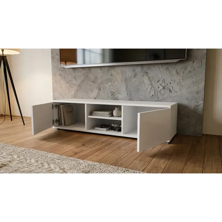 Sleepyshop24 TV Lowboard 120 cm Weiß Glanz Hochglanz RTV Schrank Fernsehtisch mit Türen TV Möbel modern Wohnzimmer