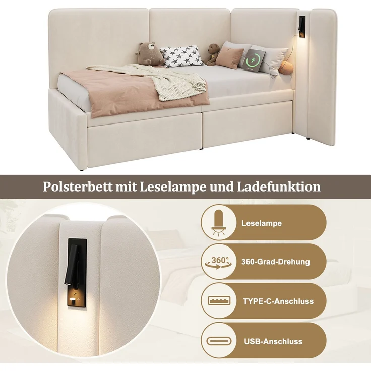 Merax Einzelbett, Kinderbett, Polsterbett, 90x200 cm Daybett, mit 2 Schubladen Aufladen Leselampe, Samt, beige – Bild 6